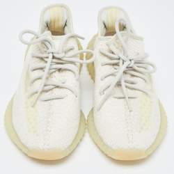 Pre Owned Yeezy x adidas Cream Cotton Knit Fabric Boost 350 V2 Triple White Sneakers Size 42