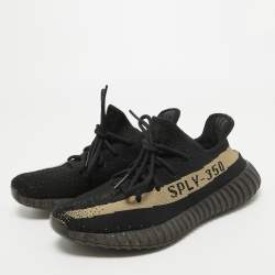 Pre Owned Yeezy x Adidas Black/Green Knit Fabric Boost 350 V2 Core Black Green Sneakers Size 40 2/3