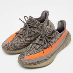 Pre Owned Yeezy x Adidas Grey Knit Fabric Boots 350 V2 Belga Non Reflective Sneakers Size 44