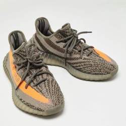 Pre Owned Yeezy x Adidas Grey/Neon Orange Knit Fabric Boost 350 V2 Beluga Reflective Sneakers Size 43 1/3