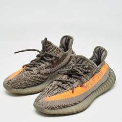 Pre Owned Yeezy x Adidas Grey/Neon Orange Knit Fabric Boost 350 V2 Beluga Reflective Sneakers Size 43 1/3