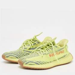 Pre Owned Yeezy x Adidas Neon Yellow/Blue Knit Fabric Boost 350 V2 Semi Frozen Yellow Sneakers Size 39 1/3