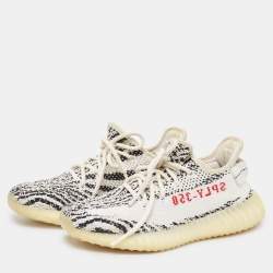 Pre Owned Yeezy x Adidas White/Black Knit Fabric Boost 350 V2 Zebra Sneakers Size 39 1/3