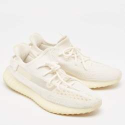 Pre Owned Yeezy x Adidas Off -White Knit Fabric Boost 350 V2 Bone Sneakers Size 45 1/3