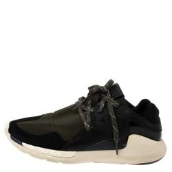 Yohji Yamamoto Black/Green Neoprene and Suede Y-3 QR Run Sneakers Size 40.5