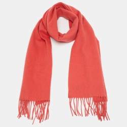 Pre Owned Yves Saint Laurent Peach Red Wool Fringed Muffler 