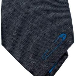 Yves Saint Laurent Grey Silk Embroidered Safety Pin Detail Tie