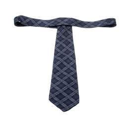 Yves Saint Laurent Navy Blue Plaid Silk Tie 