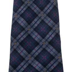 Yves Saint Laurent Navy Blue Plaid Silk Tie 