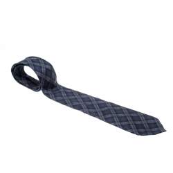 Yves Saint Laurent Navy Blue Plaid Silk Tie 