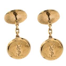 Yves Saint Laurent Gold Tone Round Logo Cufflinks