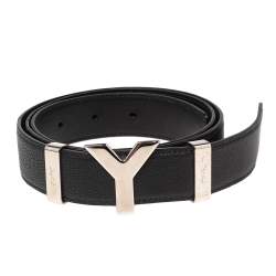 Pre Owned Yves Saint Laurent Black Leather Y Logo Buckle Belt 90CM