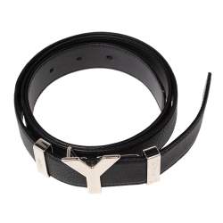 Pre Owned Yves Saint Laurent Black Leather Y Logo Buckle Belt 90CM