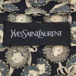Pre Owned Yves Saint Laurent Black Rose Printed Silk Tie