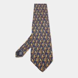 مملوكة مسبقًا Yves Saint Laurent Paris Navy Blue Wheat Print Silk Tie