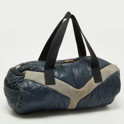 Pre Owned Yves Saint Laurent Navy Blue Satin and Knit Fabric Duffel Bag