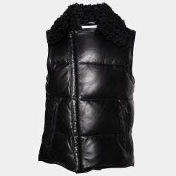 Yves Saint Laurent Black Leather Fur Collar Sleeveless Jacket S