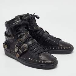 Pre Owned Yves Saint Laurent Black Leather Studded Buckle Detail High Top Sneakers Size 43