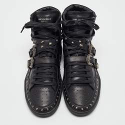 Pre Owned Yves Saint Laurent Black Leather Studded Buckle Detail High Top Sneakers Size 43