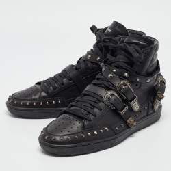 Pre Owned Yves Saint Laurent Black Leather Studded Buckle Detail High Top Sneakers Size 43