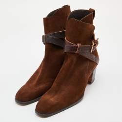 Pre Owned Yves Saint Laurent Brown Suede and Leather Ankle Length Boots Size 42