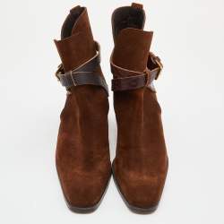 Pre Owned Yves Saint Laurent Brown Suede and Leather Ankle Length Boots Size 42