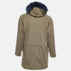Yves Salomon X Harrods Green/Blue Fur and Gabardine Long Hooded Jacket M