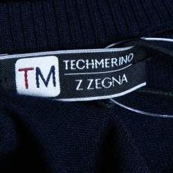 Z Zegna Navy Blue Patterned Wool Crewneck Techmerino Sweater S