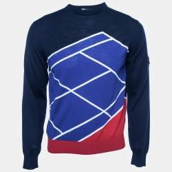 Z Zegna Navy Blue Patterned Wool Crewneck Techmerino Sweater S