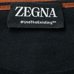 Pre Owned Zegna Black Logo Print Jersey Crew Neck -Shirt XXL