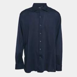 Z Zegna Navy Blue Textured Cotton Long Sleeve Shirt XXL
