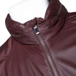 Pre Owned Z Zegna Maroon Leather Hood Detail Zip Front Jacket M