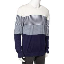 Pre Owned Z Zegna Navy Blue Striped Silk Knit Long Sleeve Sweater XXL