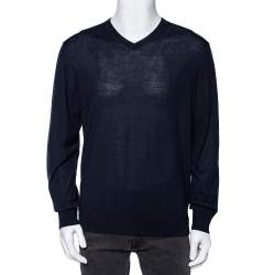 Z Zegna Navy Blue Wool V-Neck Long Sleeve Jumper L
