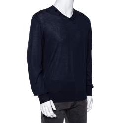 Z Zegna Navy Blue Wool V-Neck Long Sleeve Jumper L