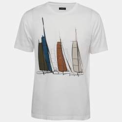 Pre Owned Z Zegna White Sailing Boat Print Cotton Crew Neck T-Shirt M