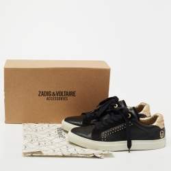 Zadig and Voltaire Black Leather And Suede Studded Lace Up Sneakers Size 40