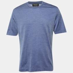 مملوكة مسبقًا Zegna Blue Melange Cotton & Silk Round Neck T-Shirt L