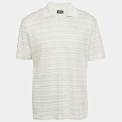 Pre Owned Zegna Cream Striped Linen Silk Blend Polo T-Shirt L