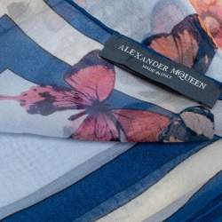 Pre Owned Alexander McQueen Blue Butterfly and Lion Print Silk Square Scarf
