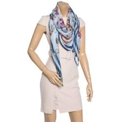Pre Owned Alexander McQueen Blue Butterfly and Lion Print Silk Square Scarf