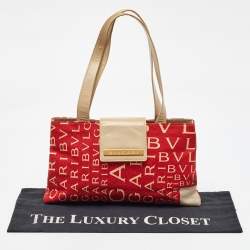 Bvlgari Red/Beige Logo Mania Fabric and Leather Baguette Bag