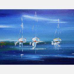 Tableau Trio De Voiliers Au Mouillage By Axelle Bosler, France,2020 (20 X 60)