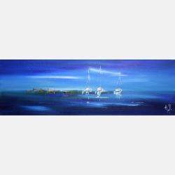 Tableau Trio De Voiliers Au Mouillage By Axelle Bosler, France,2020 (20 X 60)
