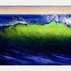 Green Wave Breaking Ocean Beach Painting By Bozhena Fuchs, Czechia,2021 (50.8 X 119.38)