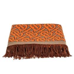 Burberry Orange & Beige TB Monogram Wool & Cashmere Fringed Throw 