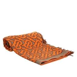 Burberry Orange & Beige TB Monogram Wool & Cashmere Fringed Throw 