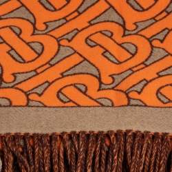 Burberry Orange & Beige TB Monogram Wool & Cashmere Fringed Throw 