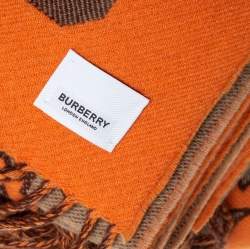Burberry Orange & Beige TB Monogram Wool & Cashmere Fringed Throw 