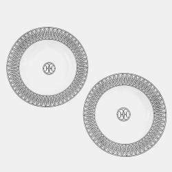 Pre Owned HERMES H Deco Soup Plates (Set of 2) White/BlackP037013P Porcelain Size 8.7"